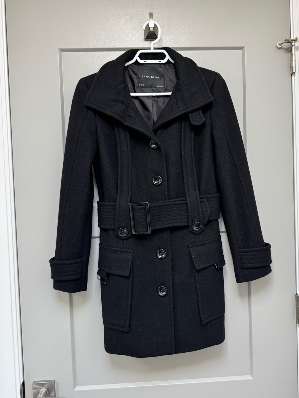 Zara Black Belted Wool-Blend Pea Coat